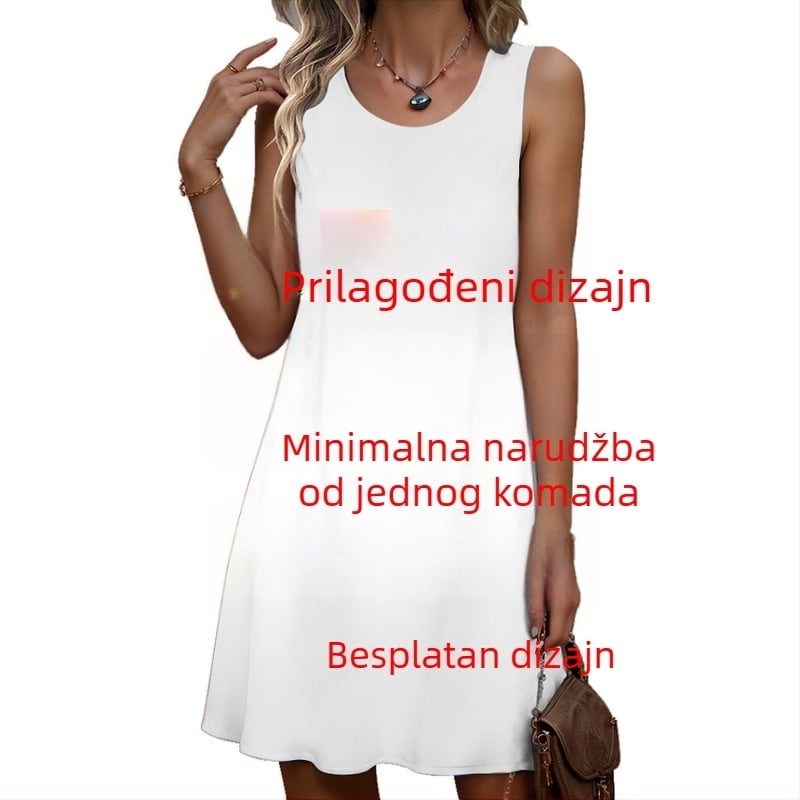 Ženska haljina za plažu bez rukava s motivom limuna, poliester, zaobljenim izrezom, srednje duljine, A-linija