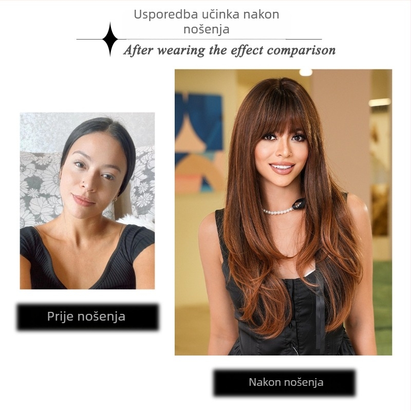 Ženska perika s bangs, gradient smeđe i zlato, slojevita duga kosa, prirodan svakodnevni izgled, sintetička perika
