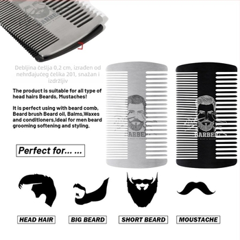 Dvostranični metalni češalj za bradu, nehrđajući čelik, barber stil, kompaknog formata do 10 cm