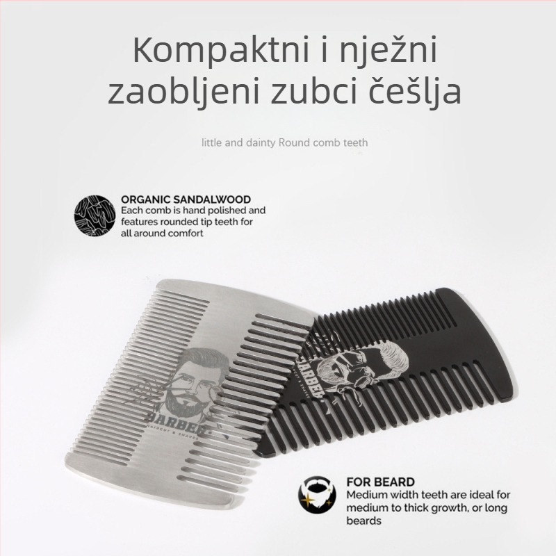 Dvostranični metalni češalj za bradu, nehrđajući čelik, barber stil, kompaknog formata do 10 cm