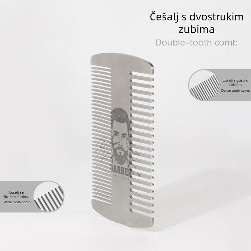Dvostranični metalni češalj za bradu, nehrđajući čelik, barber stil, kompaknog formata do 10 cm