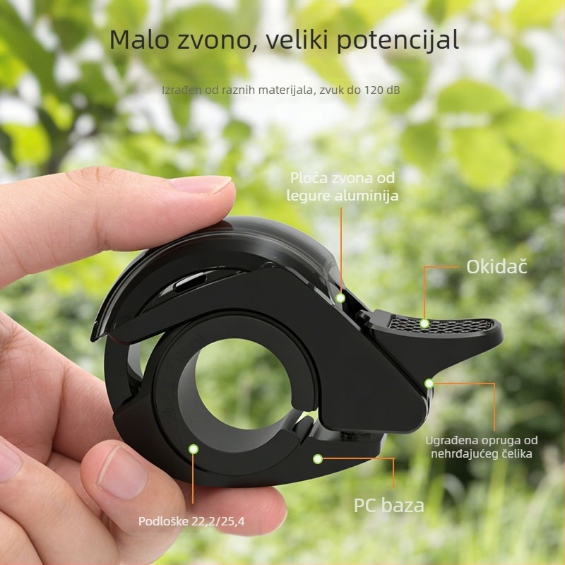 Skriveni zvon za bicikl, 110 dB, kompatibilan s krmilima promjera 22,2–31,8 mm, aluminijska legura.