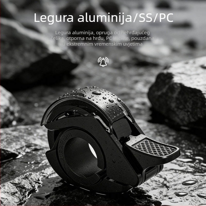Skriveni zvon za bicikl, 110 dB, kompatibilan s krmilima promjera 22,2–31,8 mm, aluminijska legura.