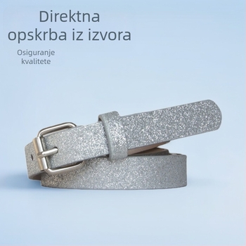 Ženski kaiš od PU kože sa šljokicama, ružičasta i srebrna, euro-američki stil, uski kaiš (<2 cm), duljina 105 cm, kopča s pinom