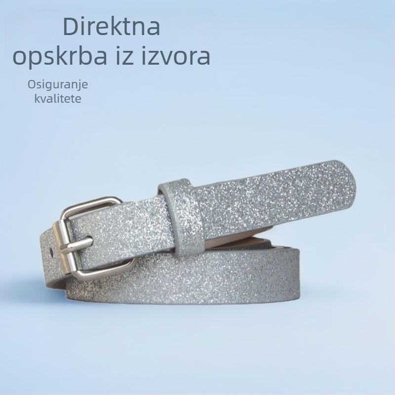 Ženski kaiš od PU kože sa šljokicama, ružičasta i srebrna, euro-američki stil, uski kaiš (<2 cm), duljina 105 cm, kopča s pinom