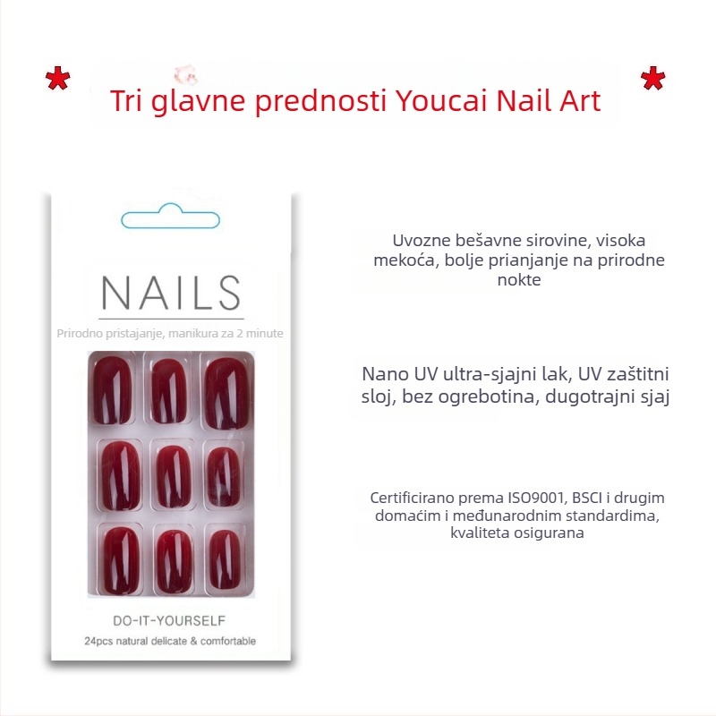 Naljepnice za nokte u boji trešnje, za nošenje, uklonjivi nokti, s učinkom izbjeljivanja, gotov proizvod