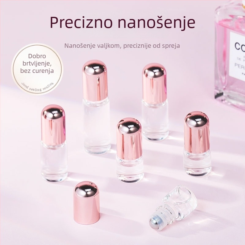 Prozirna roll-on bočica s ružičastim zlatnim poklopcem, kapacitet 1 ml/2 ml/3 ml, za eterična ulja i parfem.