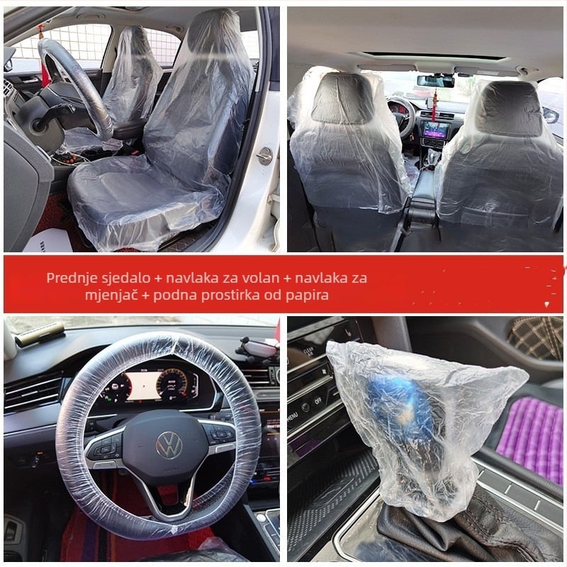 Četverodijelni set za automobil: jednokratne navlake za sjedala, navlaka za volan, prostirke za pod, zaštitne navlake protiv prljavštine za sjedala, debele plastične navlake za sjedala