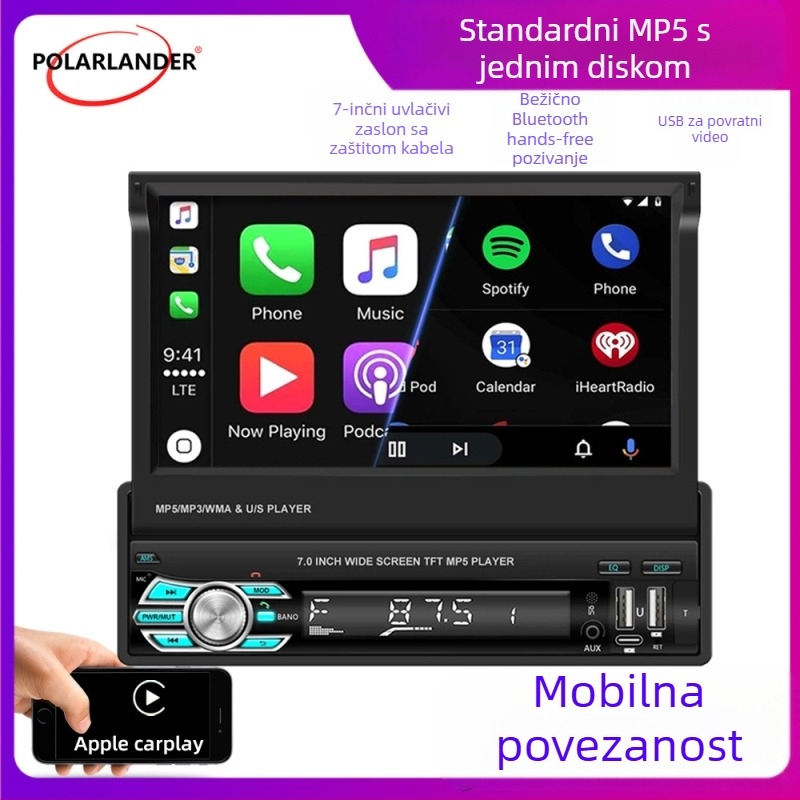 7-inčni bežični CarPlay MP5 player s ručno izvlačnim zaslonom i Bluetooth stražnja kamera