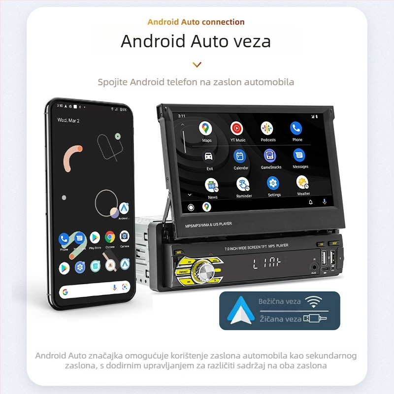 7-inčni bežični CarPlay MP5 player s ručno izvlačnim zaslonom i Bluetooth stražnja kamera