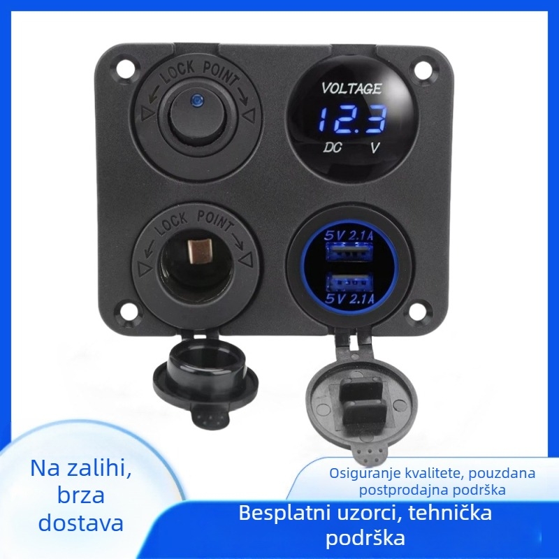Panelno montiran auto punjač s dva USB porta, upaljač, ženski priključak i prekidač voltmetra