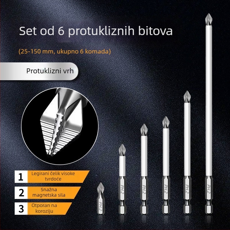 Longhe S2 industrijske klase anti-isklizni Phillips bit s jakim magnetom za električnu bušilicu i odvijač — izdržljiv šesterokutni bit