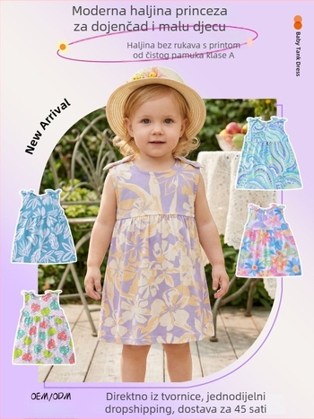 Ljetna pamučna haljina za djevojčice, bez rukava, princes stil, s floralnim printom