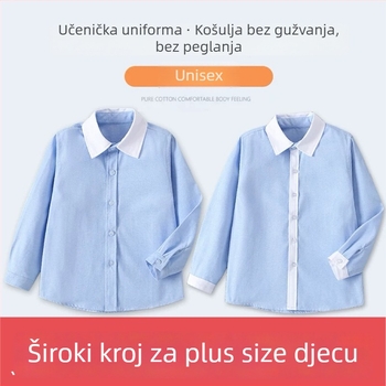 Plava dječja košulja u stilu koledža, kratkih rukava, plus veličina, bijeli ovratnik i bijeli rukavi, školska uniforma za učenike osnovne škole