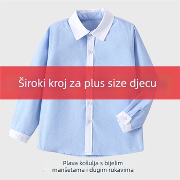 Plava dječja košulja u stilu koledža, kratkih rukava, plus veličina, bijeli ovratnik i bijeli rukavi, školska uniforma za učenike osnovne škole