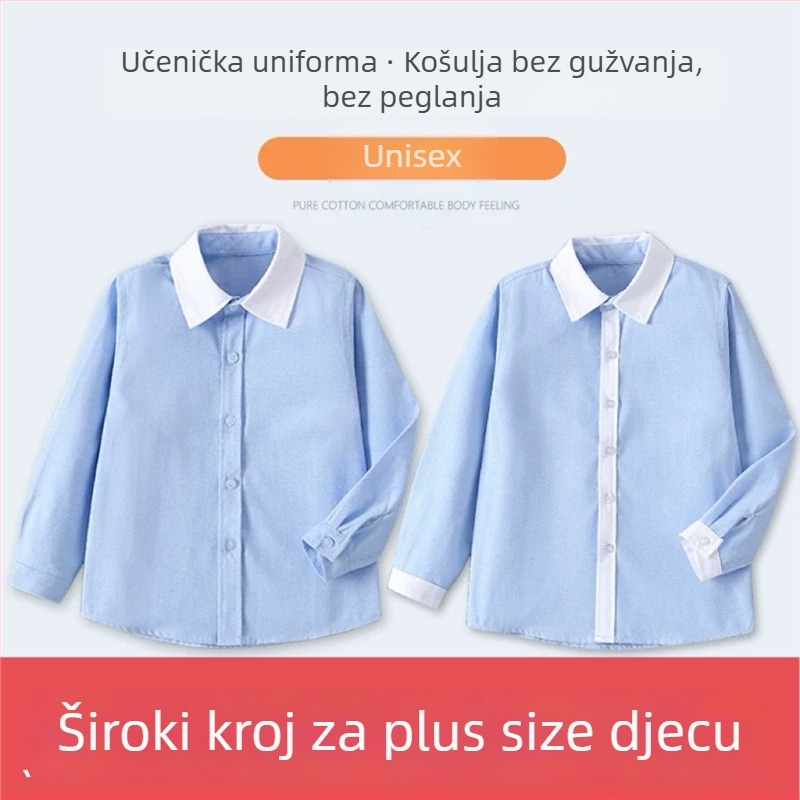 Plava dječja košulja u stilu koledža, kratkih rukava, plus veličina, bijeli ovratnik i bijeli rukavi, školska uniforma za učenike osnovne škole