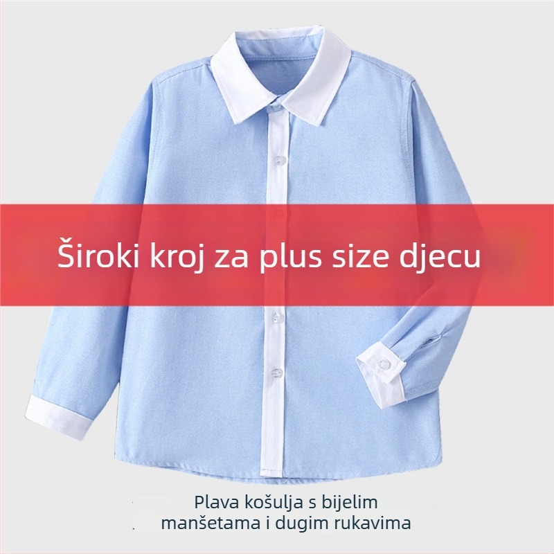 Plava dječja košulja u stilu koledža, kratkih rukava, plus veličina, bijeli ovratnik i bijeli rukavi, školska uniforma za učenike osnovne škole