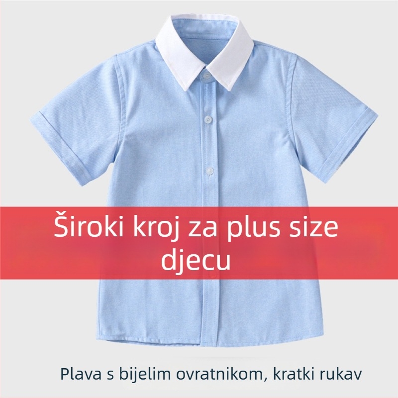 Plava dječja košulja u stilu koledža, kratkih rukava, plus veličina, bijeli ovratnik i bijeli rukavi, školska uniforma za učenike osnovne škole