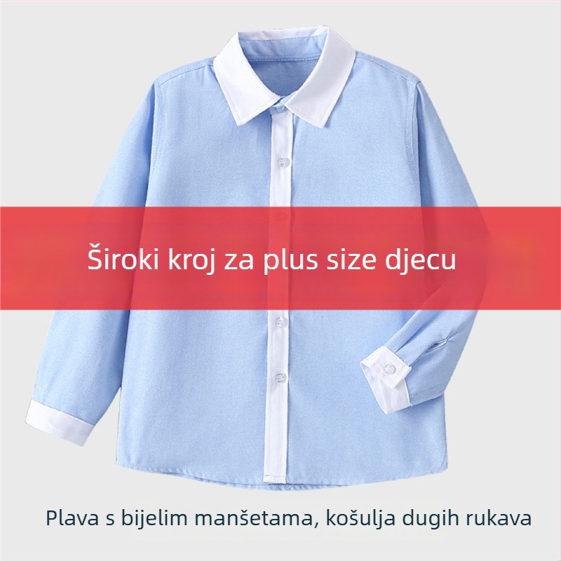 Plava dječja košulja u stilu koledža, kratkih rukava, plus veličina, bijeli ovratnik i bijeli rukavi, školska uniforma za učenike osnovne škole
