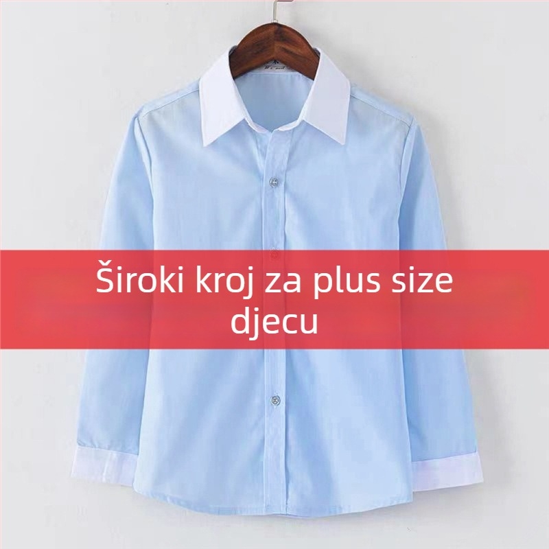 Plava dječja košulja u stilu koledža, kratkih rukava, plus veličina, bijeli ovratnik i bijeli rukavi, školska uniforma za učenike osnovne škole