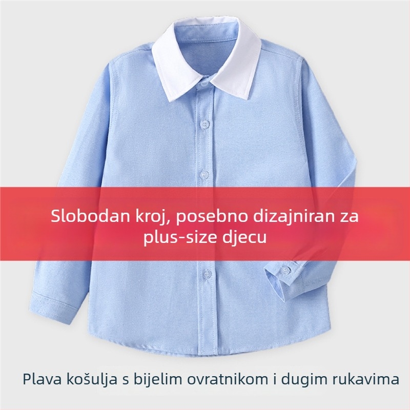 Plava dječja košulja u stilu koledža, kratkih rukava, plus veličina, bijeli ovratnik i bijeli rukavi, školska uniforma za učenike osnovne škole