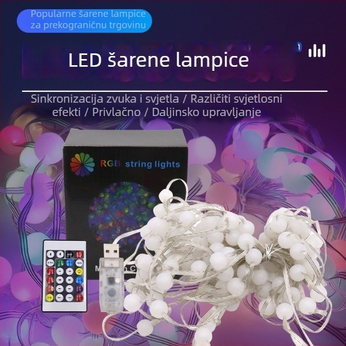 Niz lampica s glasovnom kontrolom, LED kuglice koje mijenjaju boju, kožno uže, vanjska dekoracija