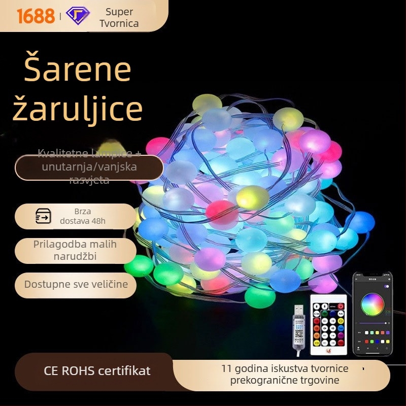 Niz lampica s glasovnom kontrolom, LED kuglice koje mijenjaju boju, kožno uže, vanjska dekoracija