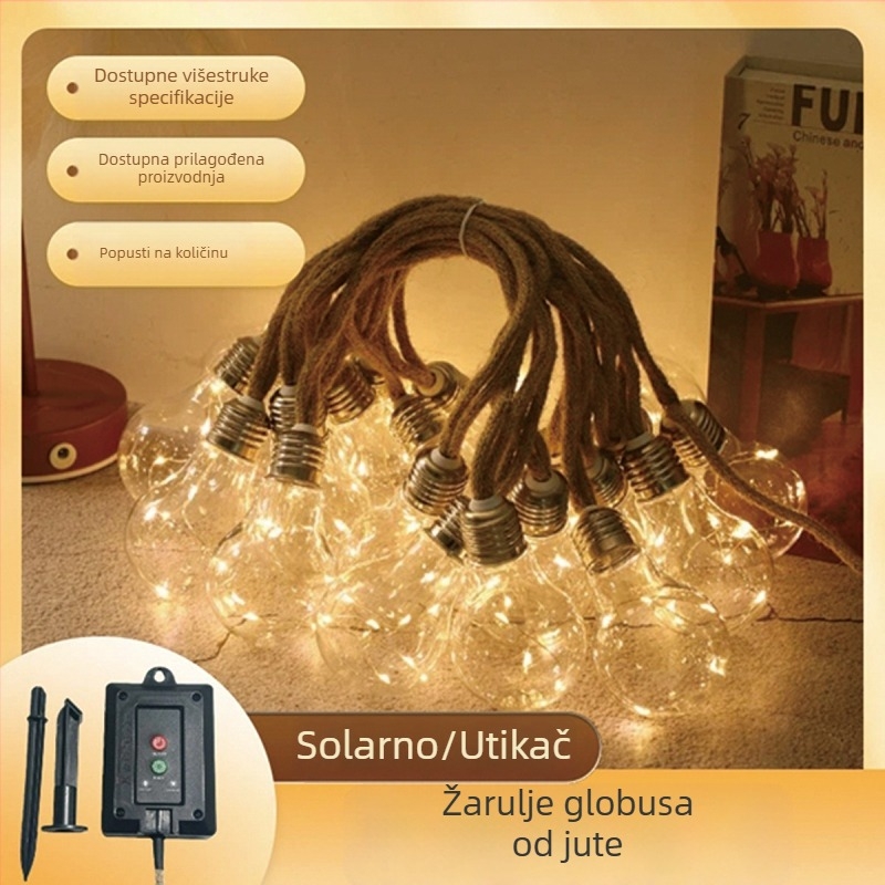 Solarna svjetlosna žica od konopljinog užeta, vodootporna žarulica u globusu, bakrena žica, ukras za vrt i Božić
