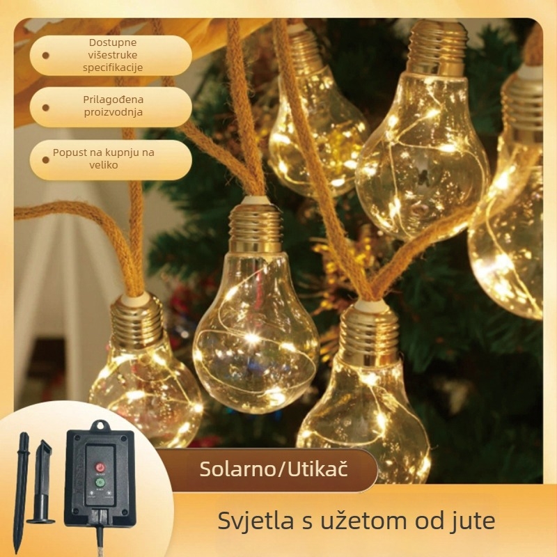 Solarna svjetlosna žica od konopljinog užeta, vodootporna žarulica u globusu, bakrena žica, ukras za vrt i Božić
