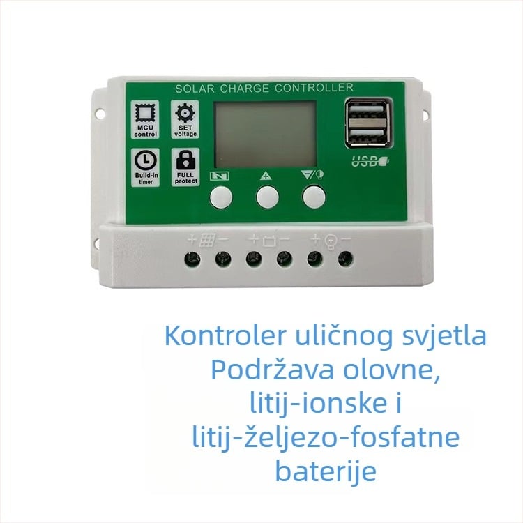 Solarni upravljač za litijsku bateriju, 12-24V, 10A/20A/30A, dvostruki USB izlaz, za solarno ulično osvjetljenje