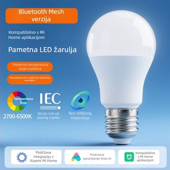 Pametna LED žarulja s E27 priključkom, Bluetooth Mesh verzija, kućna upotreba, daljinsko upravljanje putem mobilnog telefona i glasovno upravljanje