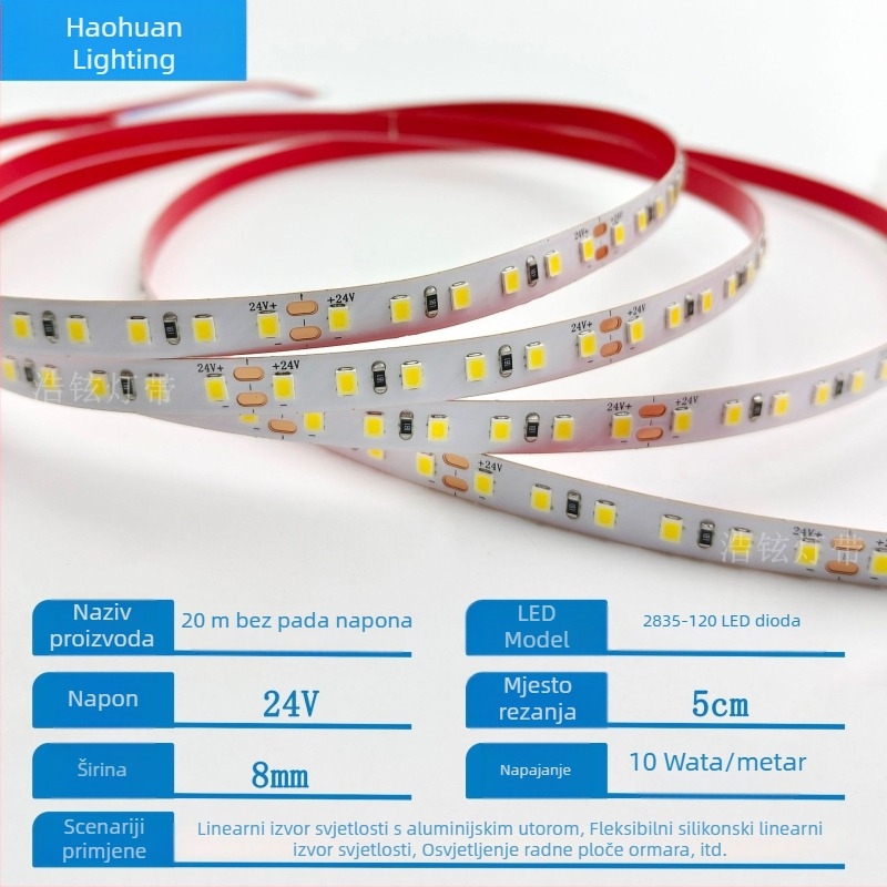 LED trak 24V2835, 20 m, bez pada napona, za viseći plafon i pozadinu, samoljepljiva COB linearna svjetiljka