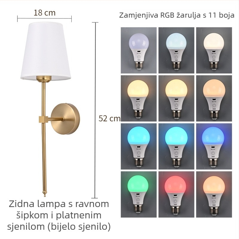 Dekorativna zidna svjetiljka s platnenim abažurom i pravim stupom, pogodna za hodnik, spavaću sobu i dnevni boravak, krem boja.