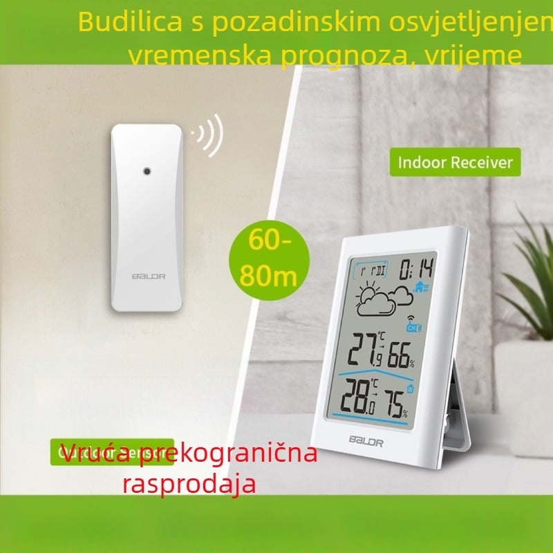 Unutarnji i vanjski digitalni termometar i higrometar s bežičnom vremenskom postajom, veliki LCD zaslon, vremenska prognoza i elektronički alarm