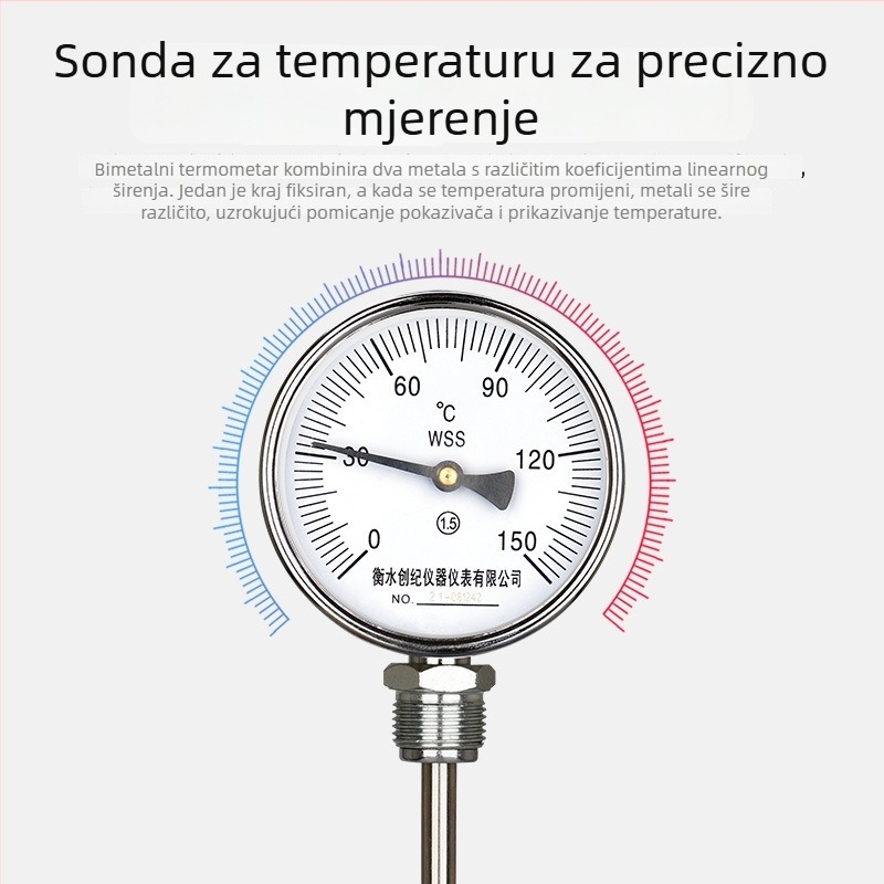 Industrijski bimetalni termometar s produženom sondom od nehrđajućeg čelika, visoka preciznost