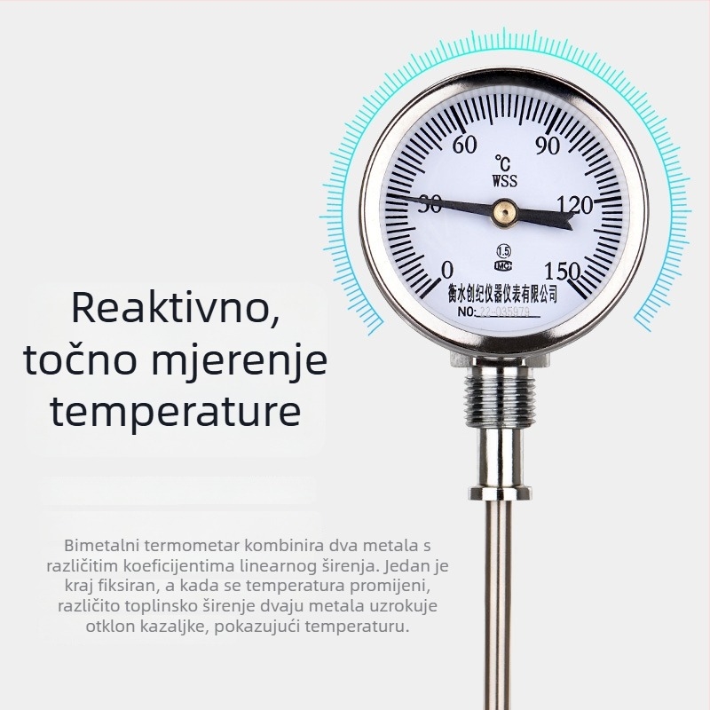 WSS-311/301 plamenootporni bimetalni termometar za cijevi kotla, aksijalno i radijalno, pokazivač Y60, 0–300°C