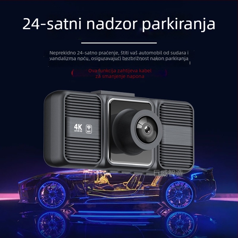 4K automobil dash cam sa tri leće: prednja, unutarnja i stražnja kamera, bežično povezivanje s mobitelom i nadzor parkiranja