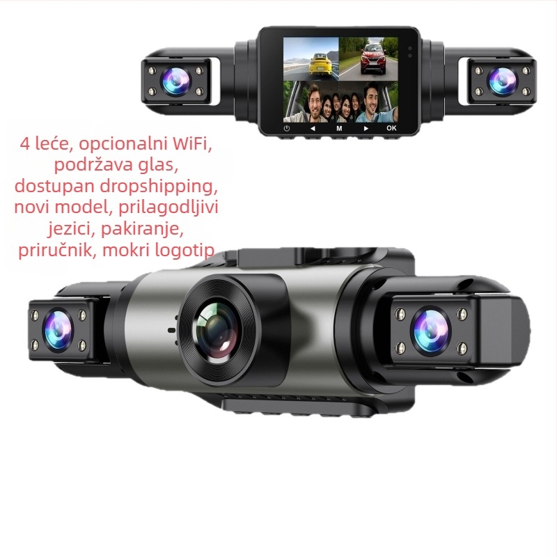 Glasovno upravljan skriveni auto dash cam s četiri leće: prednja, unutarnja i stražnja kamera, Wi-Fi, IPS HD i DVR
