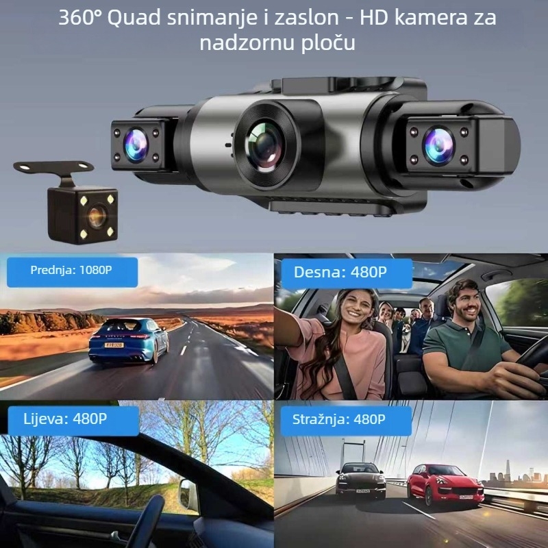 Glasovno upravljan skriveni auto dash cam s četiri leće: prednja, unutarnja i stražnja kamera, Wi-Fi, IPS HD i DVR