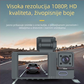 Dash cam s tri leće: prednja, unutarnja i stražnja, 1080p, 2,0-inčni ekran, 140° kut gledanja, kružno snimanje, parkiranje, detekcija pokreta, montaža na vjetrobransko staklo