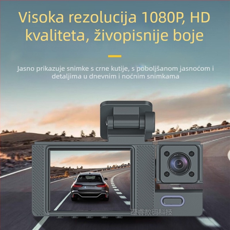 Dash cam s tri leće: prednja, unutarnja i stražnja, 1080p, 2,0-inčni ekran, 140° kut gledanja, kružno snimanje, parkiranje, detekcija pokreta, montaža na vjetrobransko staklo