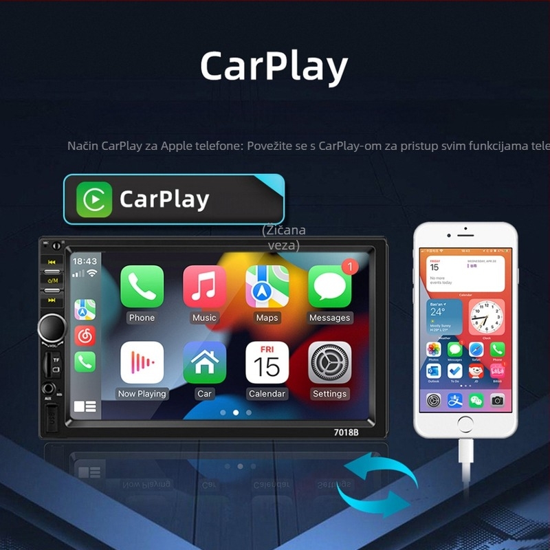 7018B 7-inčni CarPlay zaslon s kabelskom navigacijom i MP5 Bluetooth playerom te stražnjom kamerom