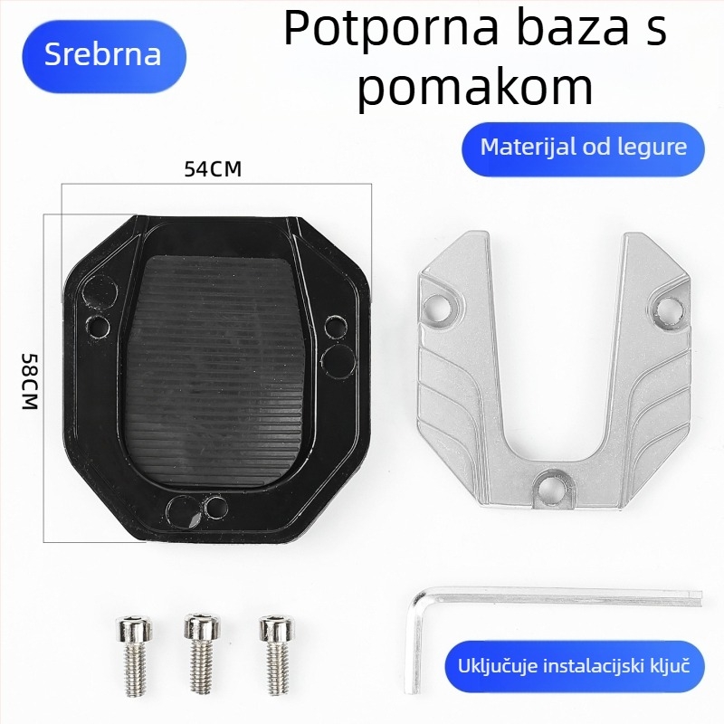 Osnova za bočnu potporu motocikla s proširenom bočnom potporom i protukliznom jastučiću za pedale električnog vozila – dodatak za bazu podrške