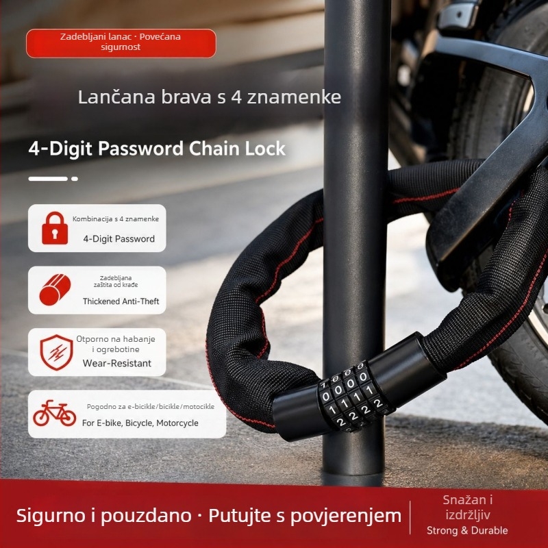 Četveroznačna lančana brava sa šifrom za bicikle, električna vozila, motocikle i električne skutere, od aluminijske legure