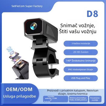 D8 2K dash cam za motocikl i električno vozilo, USB napajanje, vodootporan, universalni držač, Wi‑Fi i kontrola putem aplikacije