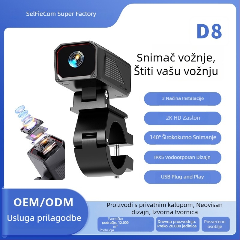 D8 2K dash cam za motocikl i električno vozilo, USB napajanje, vodootporan, universalni držač, Wi‑Fi i kontrola putem aplikacije