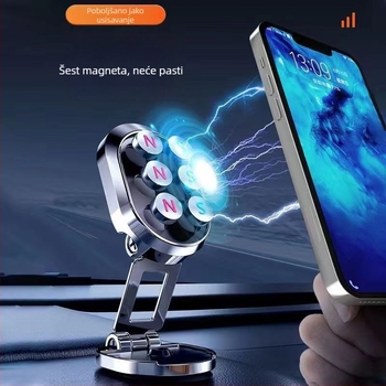 Univerzalni držač za mobitel u automobilu s magnetskim držačem, ljepilnim nosačem, sklopivi, 360° rotacija, cinkov legura, dimenzije 65×20×36 mm