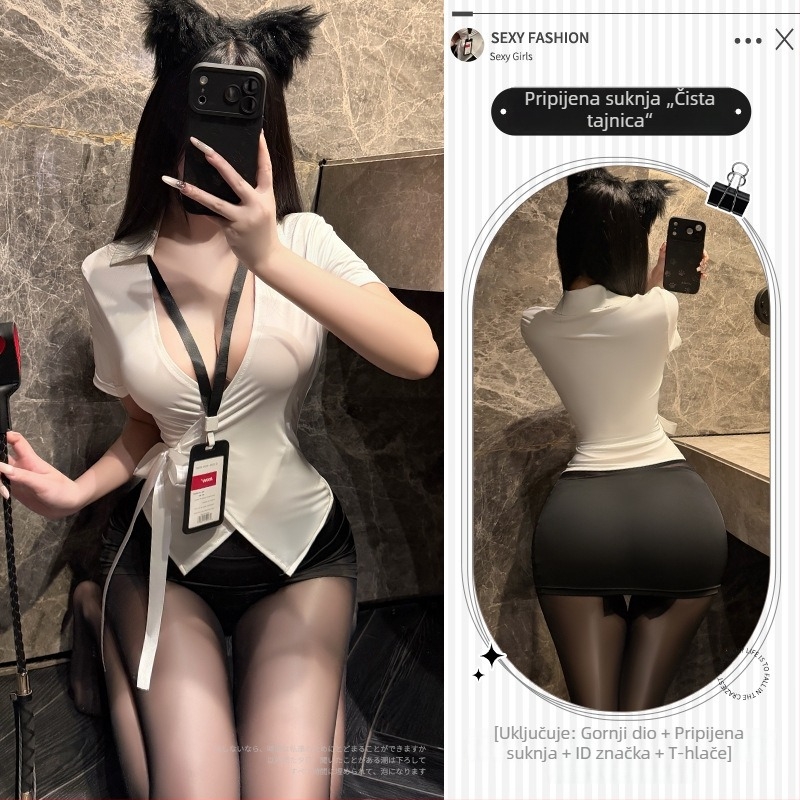 Sexy žensko rublje s ženskim reverom, elastična uska suknja koja obuhvaća bokove, detalji čipke i šnora, stil uredske tajnice 100897