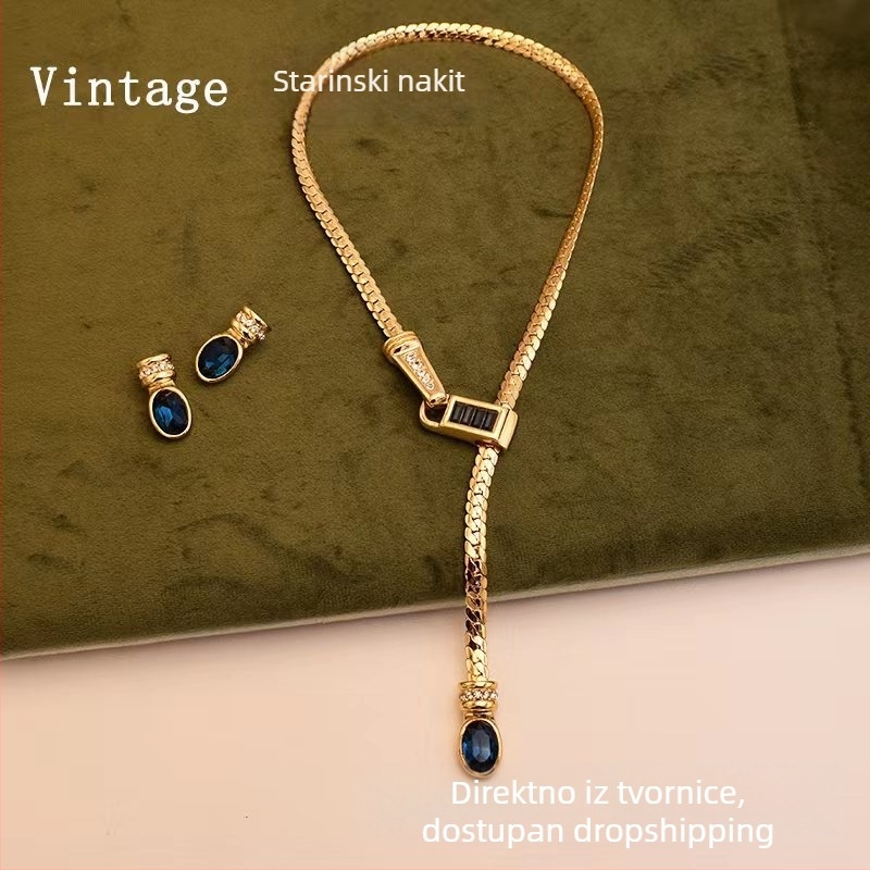 Vintage ogrlica u obliku Y s lančićem zmijskog tipa i staklenim privjeskom, retro stil