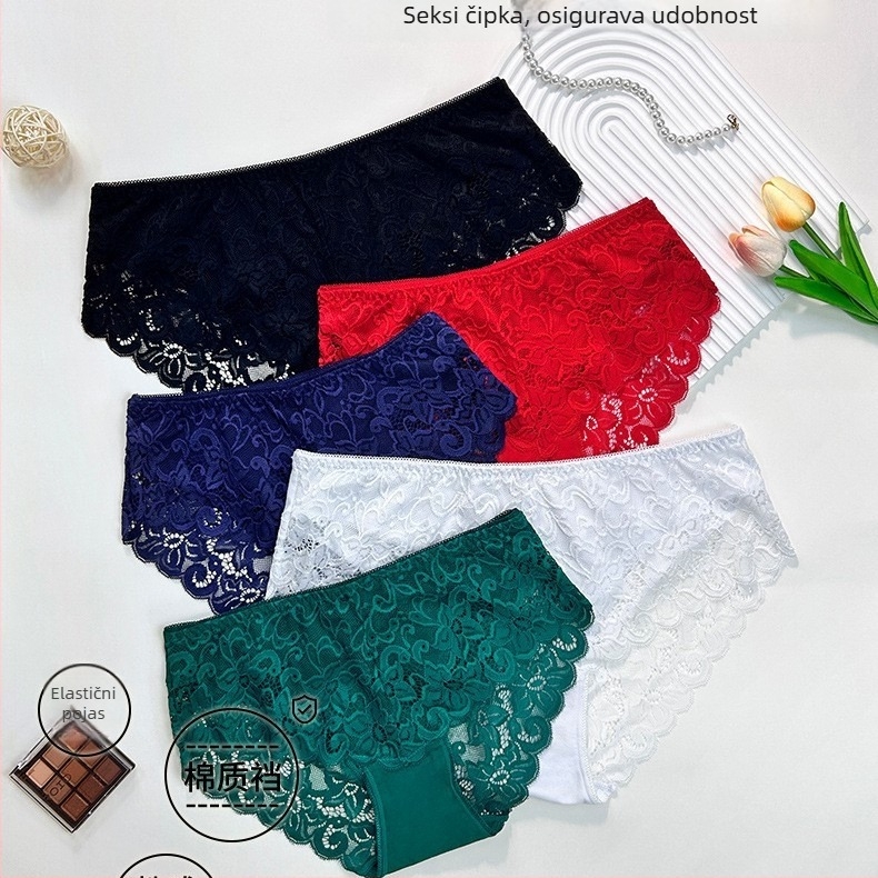 Čipkaste pamukaste ženske gaćice, prozračne, srednje visine struka, otisak, francuski stil trokut
